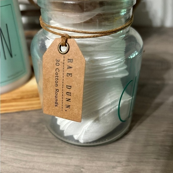 Rae Dunn Pump SOAP & LOTION on Wood Tray and CLEAN Cotton Pads Glass Jar Bundle - Picture 8 of 12